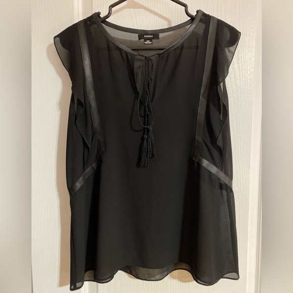 Rudsak Sheer Ruffled Sleeveless Tassel Faux Leather Black Blouse Size Medium - Picture 1 of 10